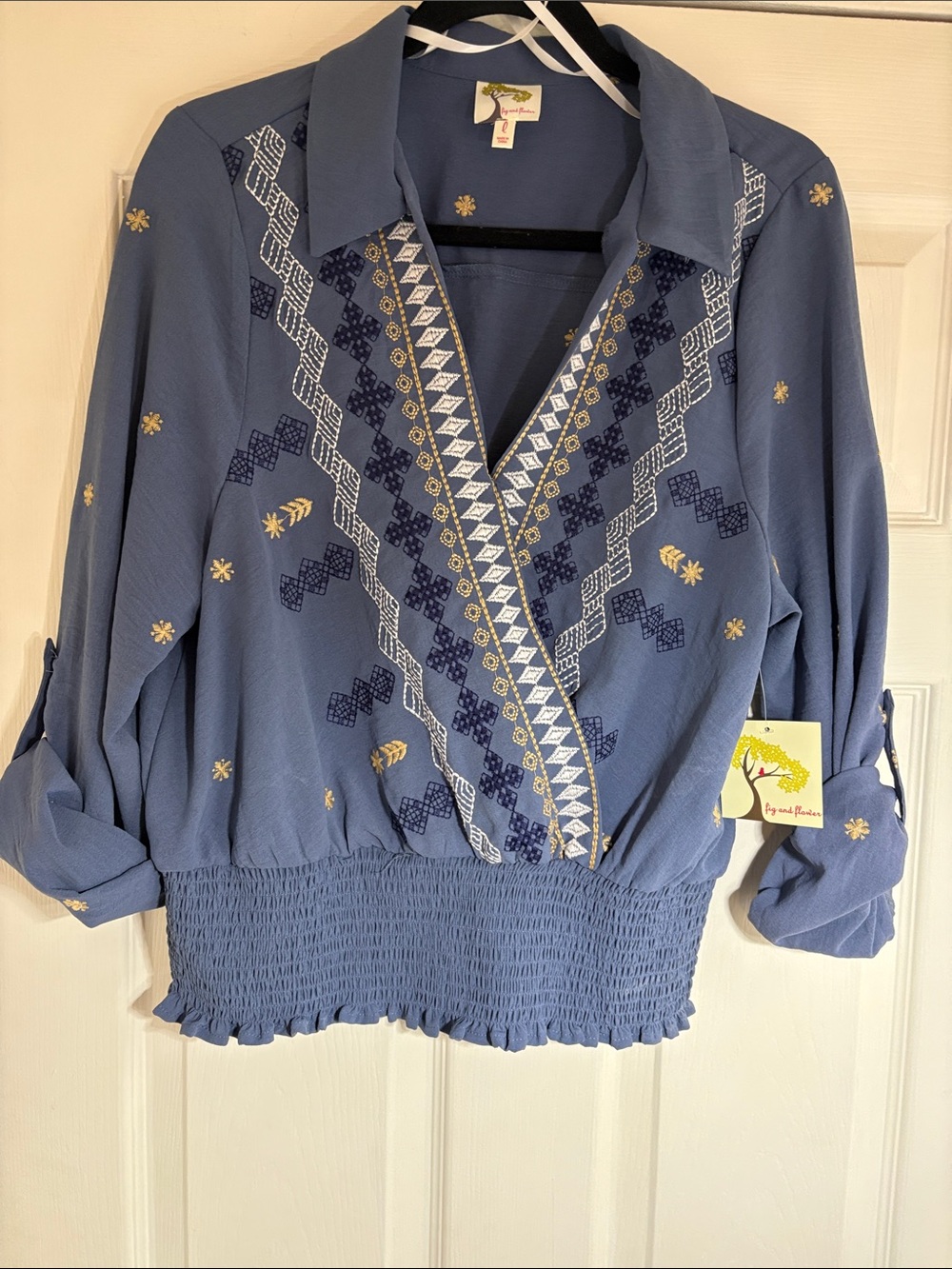 fig and flower Dusty Blue Embroidered Smocked-Waist V-Neck Peasant Blouse